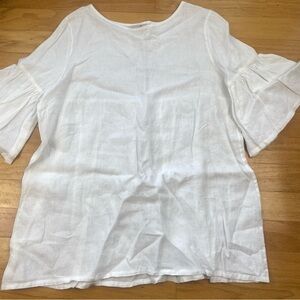 Bryn Walker Size XL White Linen Round Neck Ruffle 3/4 Bell Sleeve Tunic Top